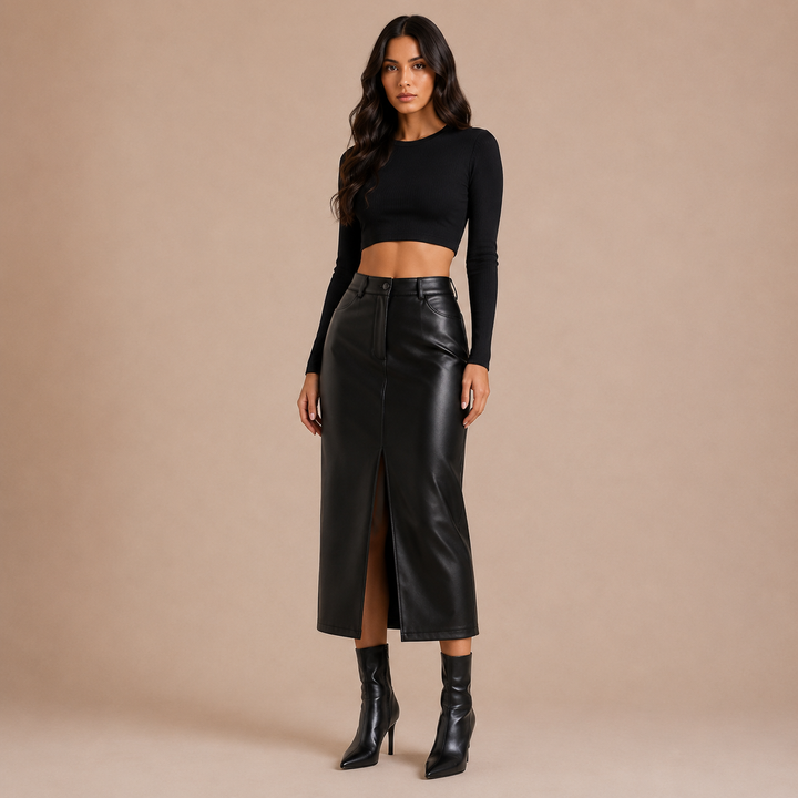 Luisa - Falda midi de cuero sintético con abertura frontal