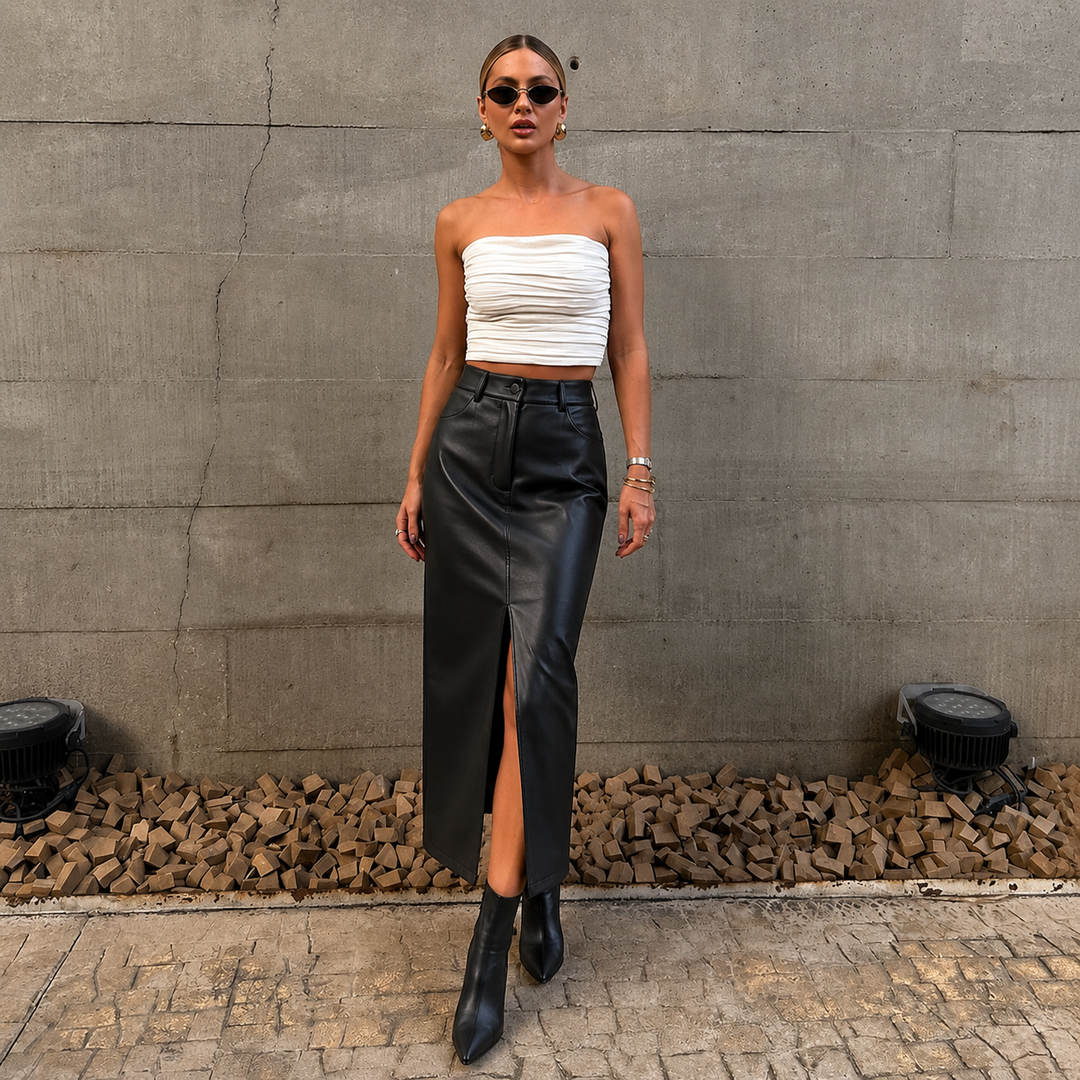 Luisa - Falda midi de cuero sintético con abertura frontal