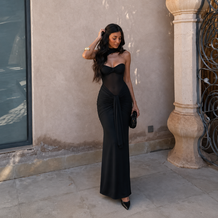 Silvia - Vestido maxi halter con corpiño de tul transparente y falda drapeada