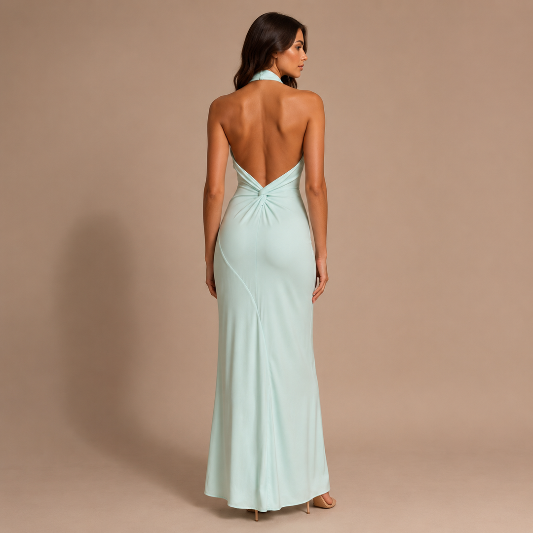 Inés - Vestido largo halter con nudo frontal y silueta ajustada