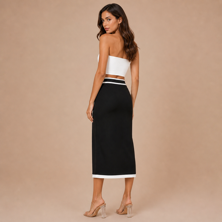 Leticia – falda midi estructurada con detalles en contraste y bolsillos decorativos
