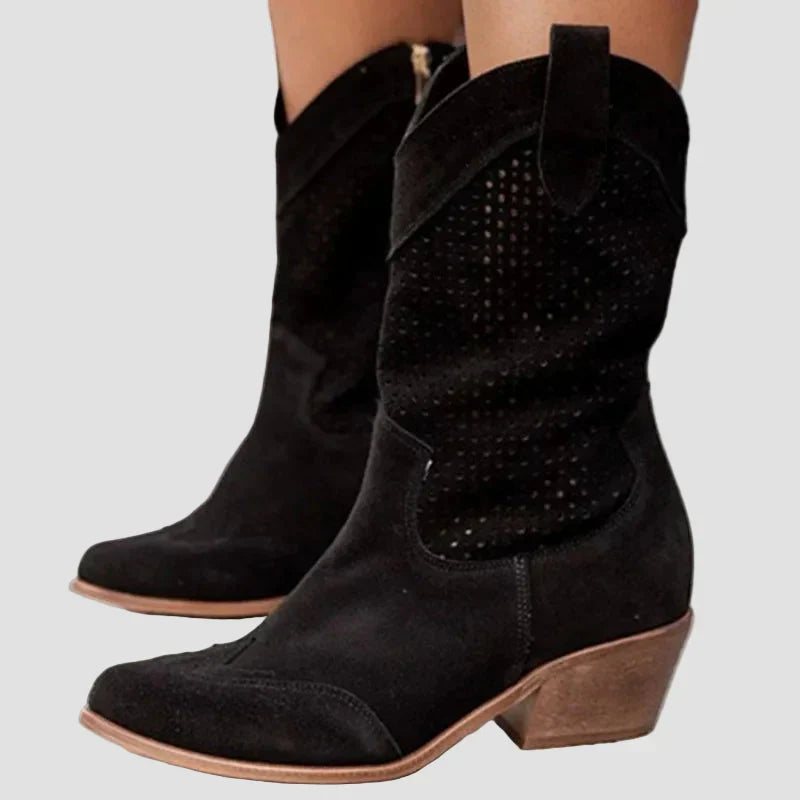 Xenia – Moderne cowboystøvler i denim med lynlås i siden