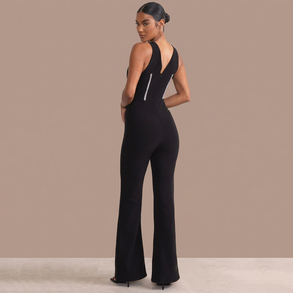 Noemia – Struktureret sort jumpsuit med skinnende detalje