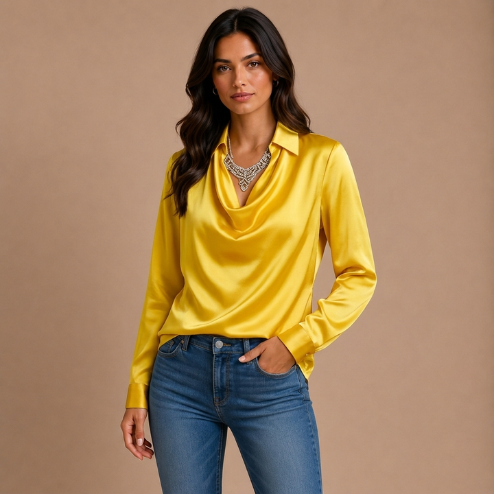Blusa elegante de satén blanco con escote drapeado