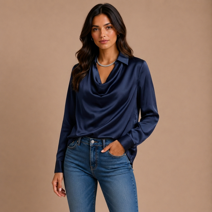 Blusa elegante de satén blanco con escote drapeado