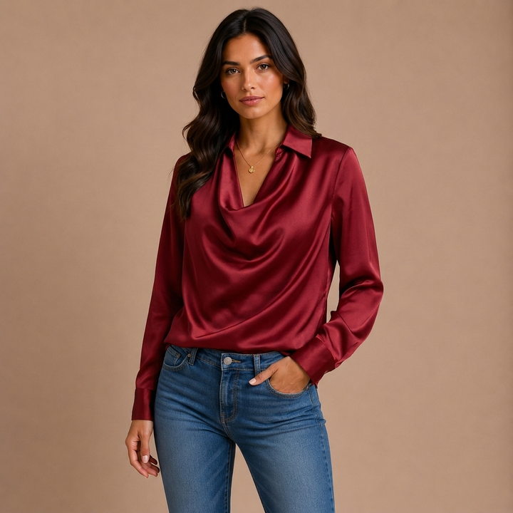Blusa elegante de satén blanco con escote drapeado