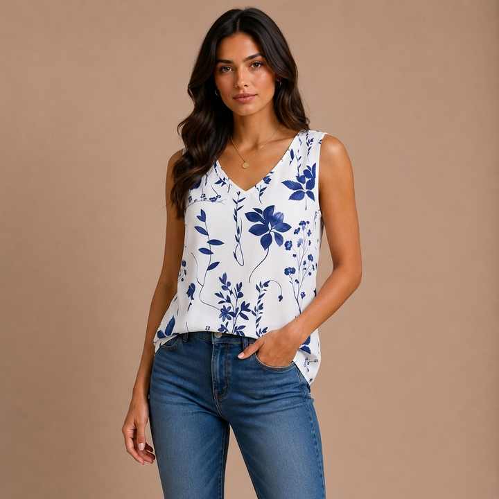 Blusa blanca con flores azules