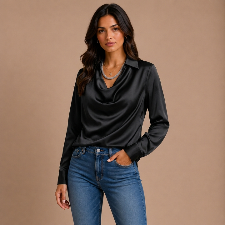 Blusa elegante de satén blanco con escote drapeado