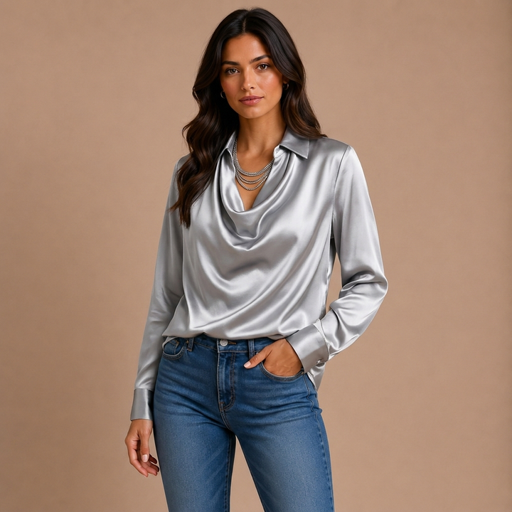 Blusa elegante de satén blanco con escote drapeado