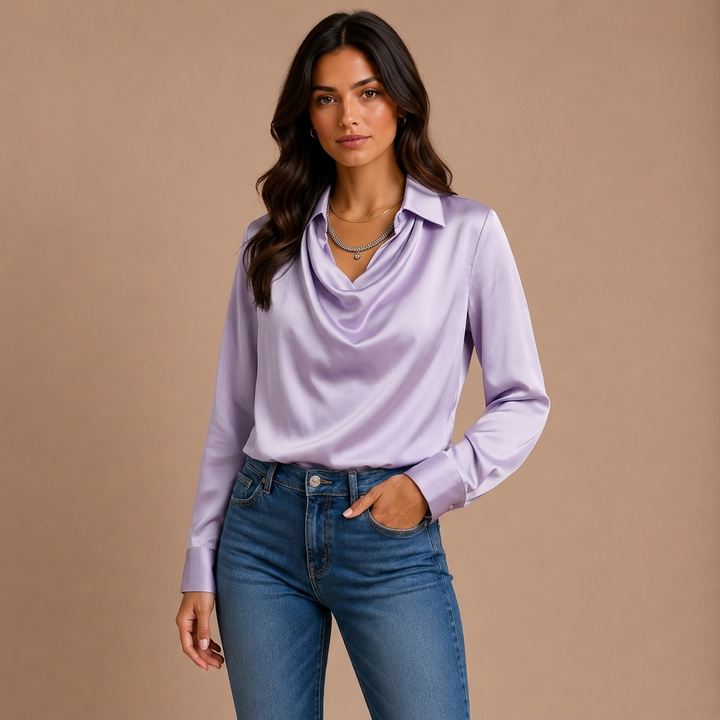 Blusa elegante de satén blanco con escote drapeado