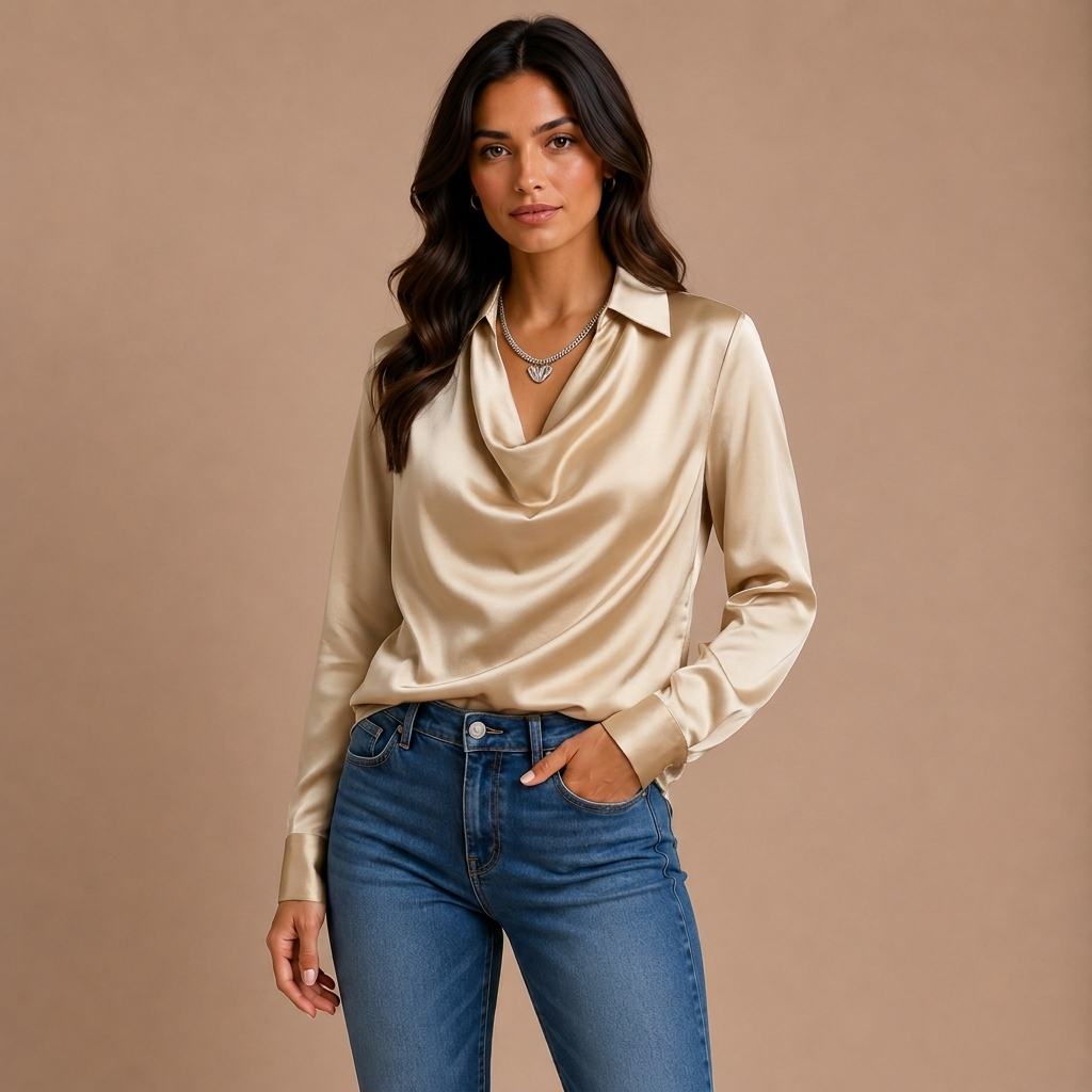 Blusa elegante de satén blanco con escote drapeado